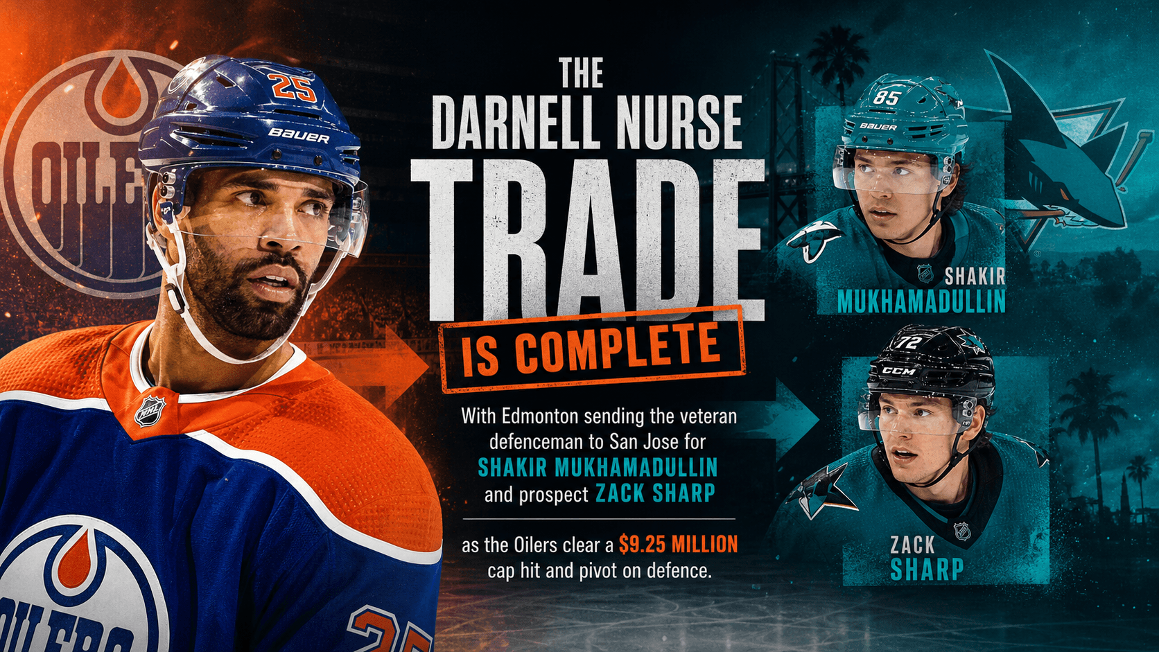 Darnell Nurse trade: Oilers send veteran to Sharks for Mukhamadullin and Zack Sharp