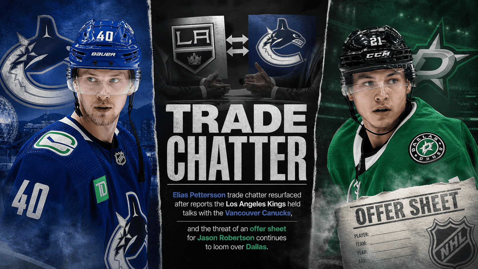 Elias Pettersson trade chatter heats up as Kings held talks with Canucks while Robertson offer-sheet threat lingers